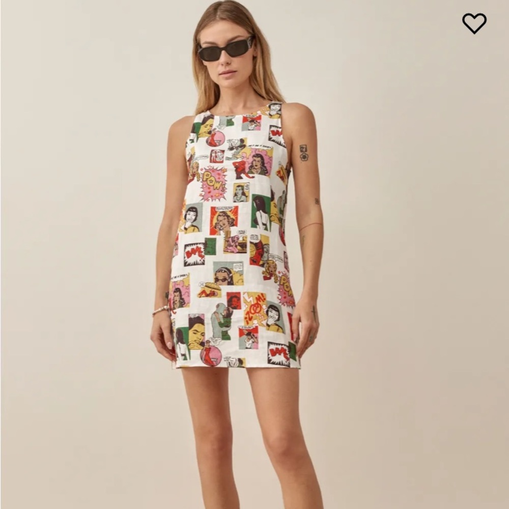 Reformation White Mini Dress with Multicolor Pop-Art Print